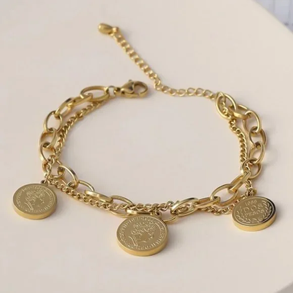 New 18K Gold Plated Vintage Coin Queen Elizabeth Link Chain Layered Bracelet - Picture 1 of 5